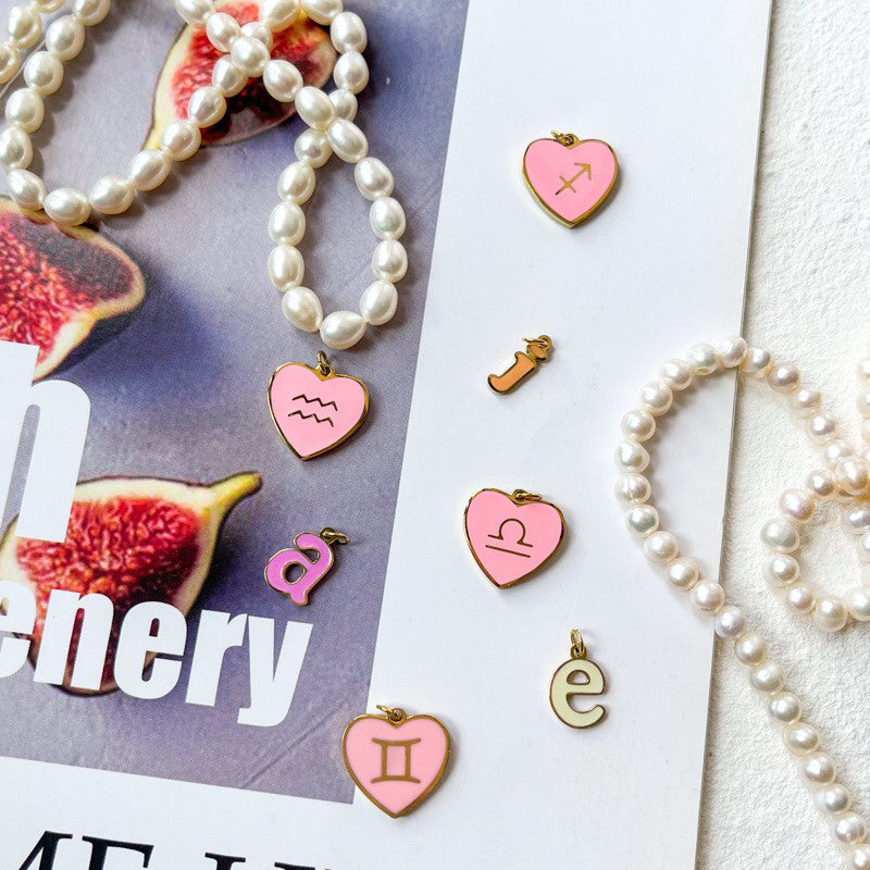 Stainless steel Pink Love Horoscope Sign Pendant 1Pc/ Heart shaped zodiac sign personalised necklace/ lady accessories
