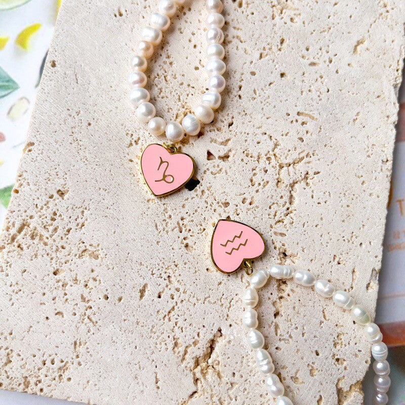 Stainless steel Pink Love Horoscope Sign Pendant 1Pc/ Heart shaped zodiac sign personalised necklace/ lady accessories