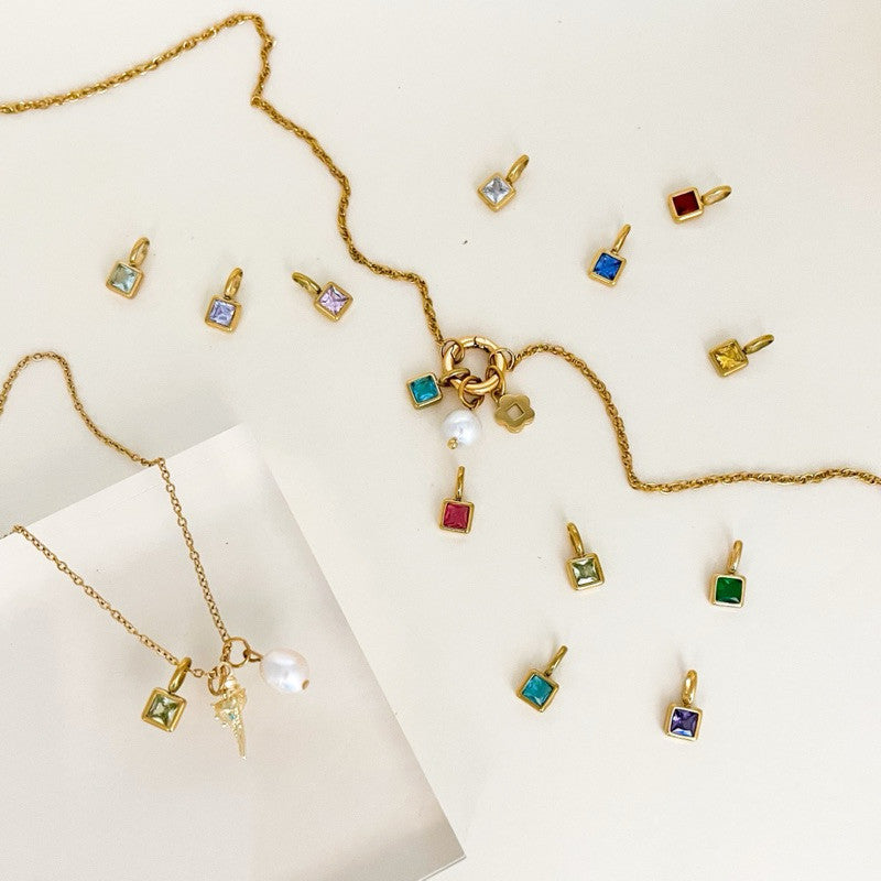 Stainless steel Square birthstone zirconia pendant/ Gold pendant birth month colour zirconia for diy jewellery necklace