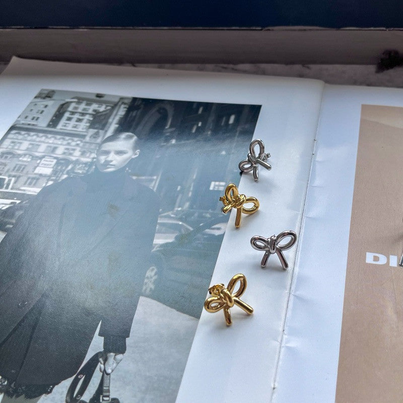 Stainless steel gold Bow earrings ribbon necklace/ gold neckalce