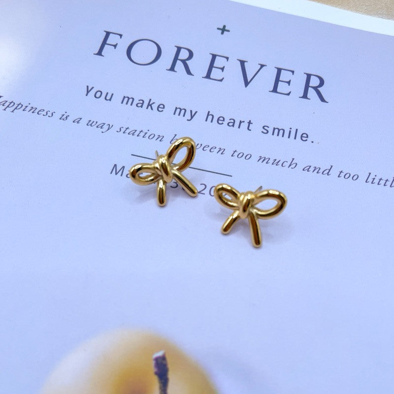 Stainless steel gold Bow earrings ribbon necklace/ gold neckalce