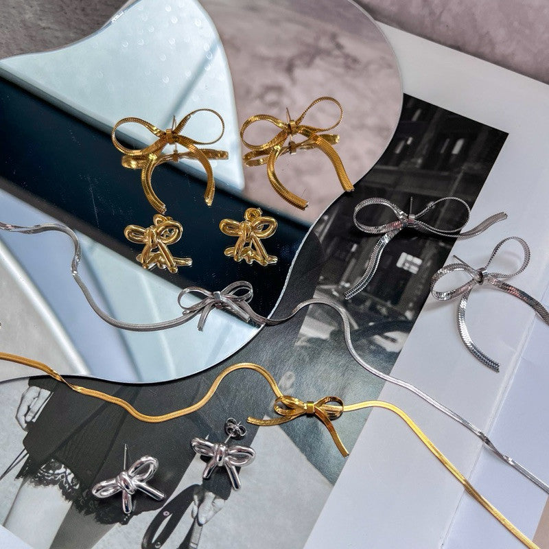Stainless steel gold Bow earrings ribbon necklace/ gold neckalce