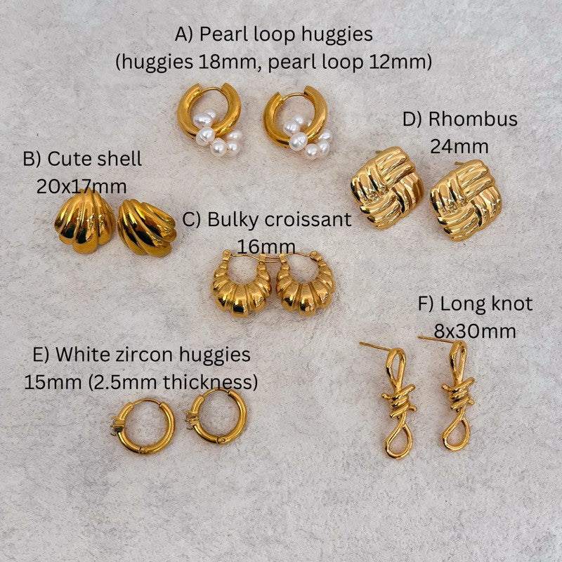 Stainless steel earrings 1 pair/ shell earrings croissant earrings white zircon huggies pearl earrings gold jewellery