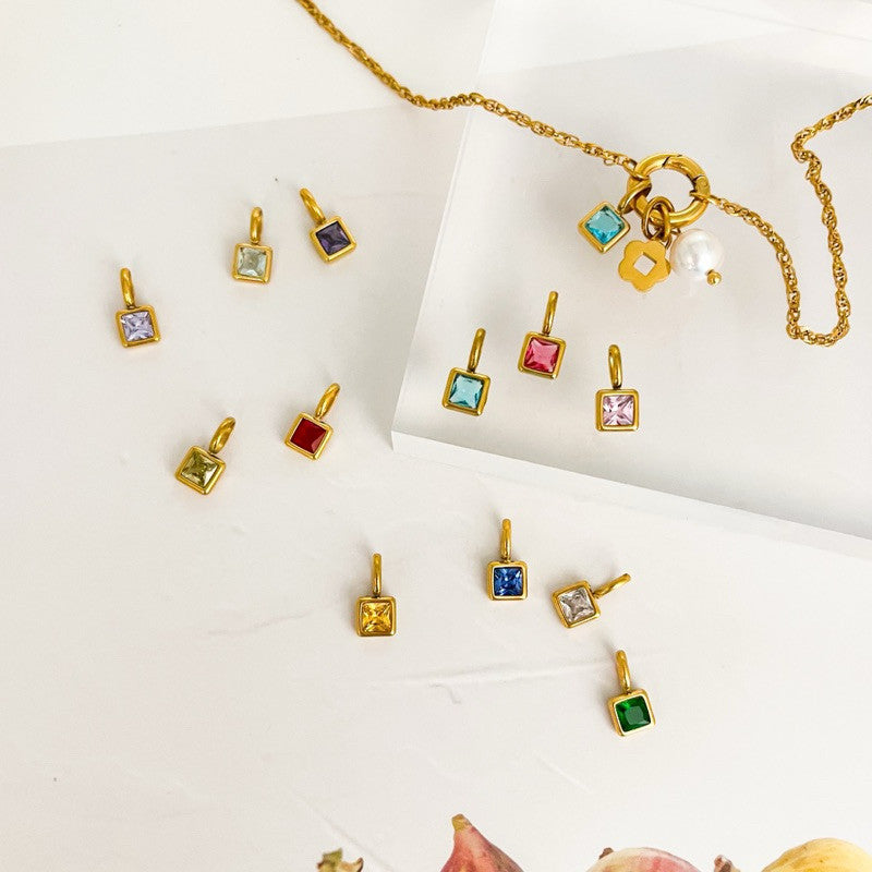 Stainless steel Square birthstone zirconia pendant/ Gold pendant birth month colour zirconia for diy jewellery necklace