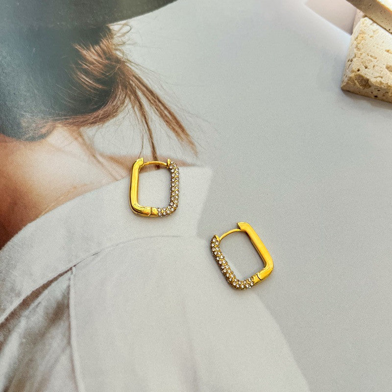 Stainless steel rectangle earrings in Zirconia stone/ Jewellery gold earrings huggies Rectangle Sparkle accessories