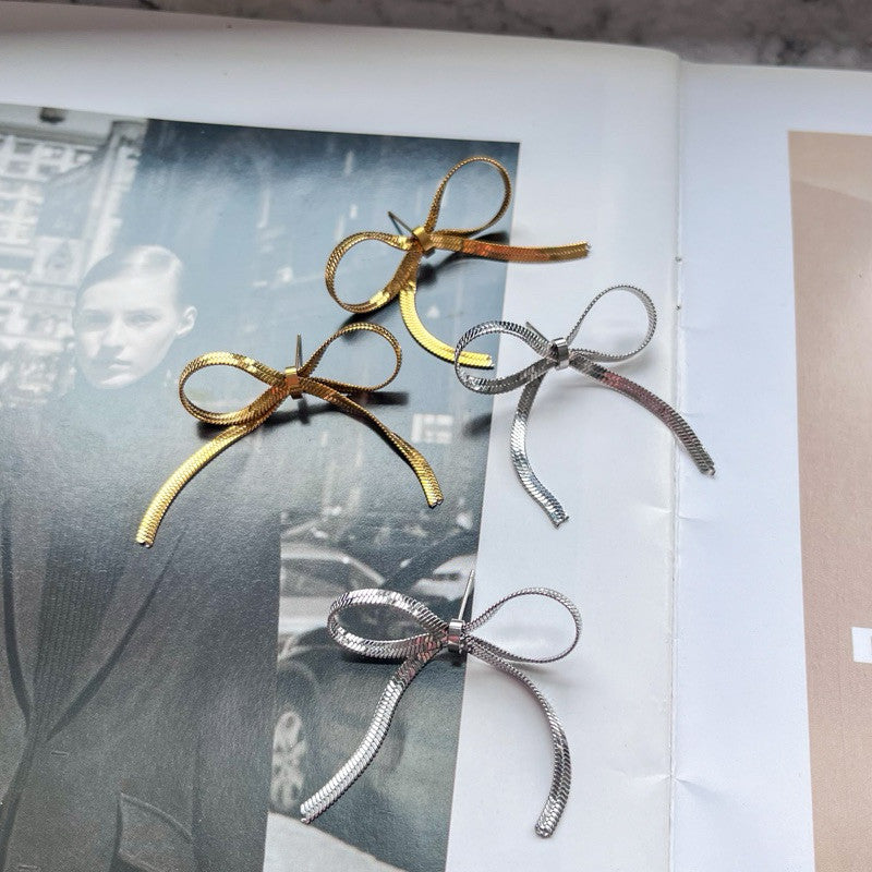 Stainless steel gold Bow earrings ribbon necklace/ gold neckalce