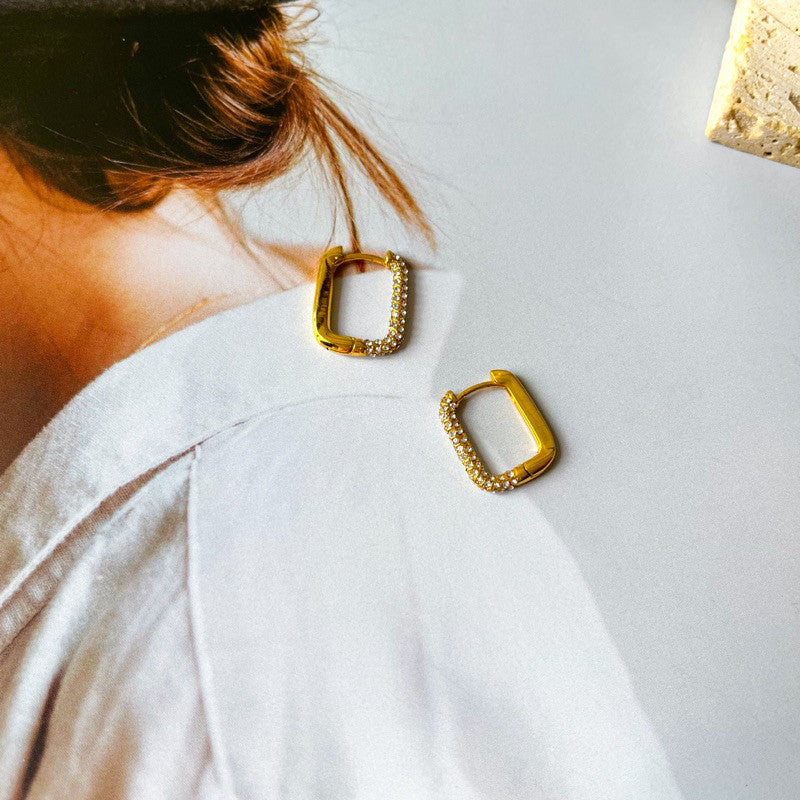 Stainless steel rectangle earrings in Zirconia stone/ Jewellery gold earrings huggies Rectangle Sparkle accessories