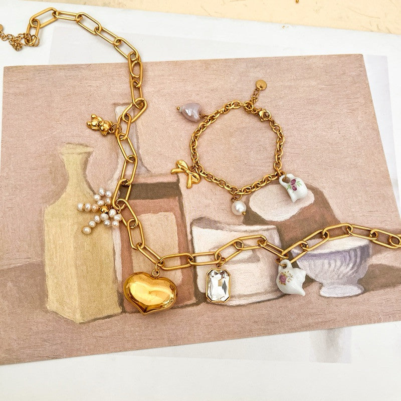 Porcelain love pendant/ porcelain teapot and cup pendant/ diy jewellery necklace pendant