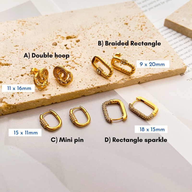 Stainless steel rectangle earrings in Zirconia stone/ Jewellery gold earrings huggies Rectangle Sparkle accessories