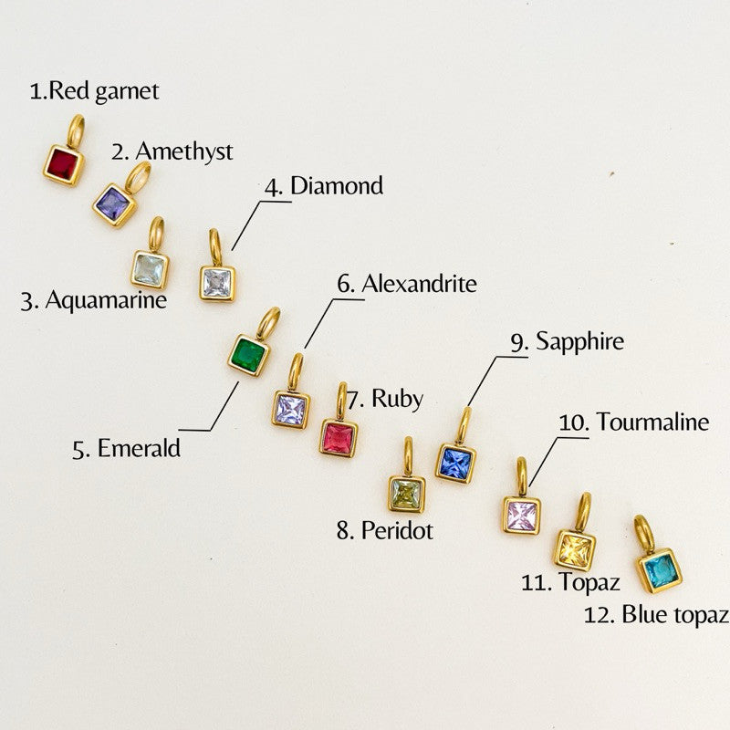 Stainless steel Square birthstone zirconia pendant/ Gold pendant birth month colour zirconia for diy jewellery necklace