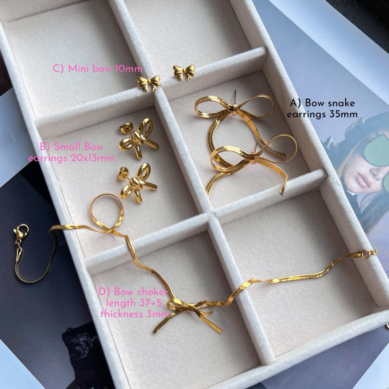 Stainless steel gold Bow earrings ribbon necklace/ gold neckalce