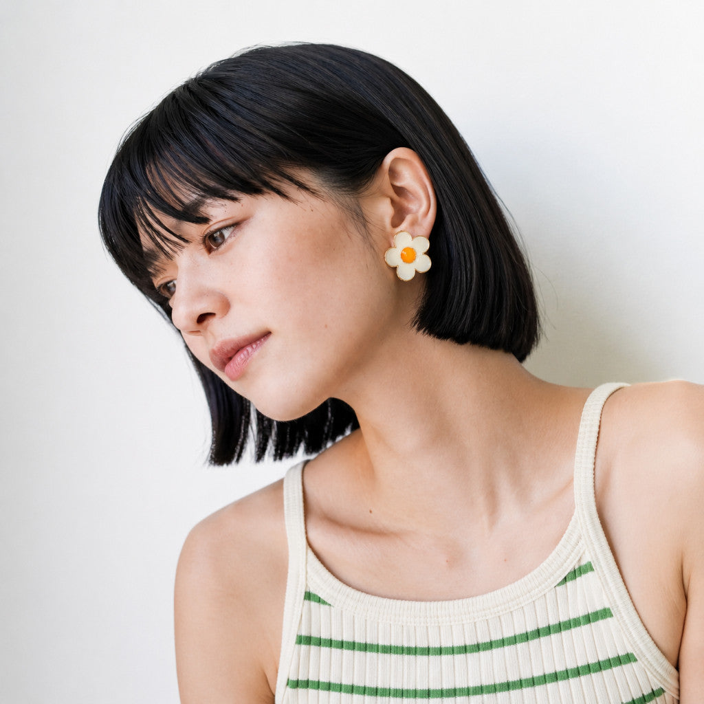 Flower earrings stainless steel/ ribbon earring daisy earring classic diamond earring