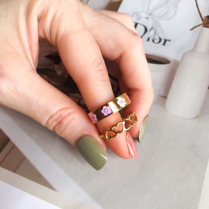 Love/ Engraved Sun/ Bean Link/ Graphic Flower ring 1pcs - Stainless Steel
