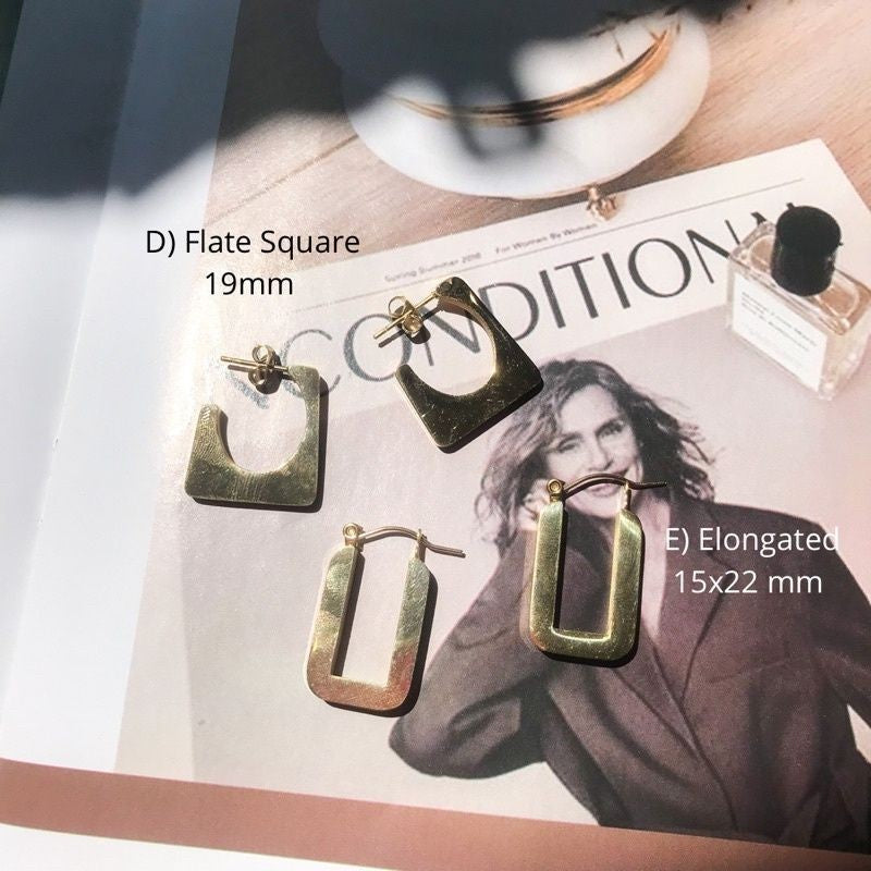 Big U/Sun/Triangle/ Flat Square/Elongated Huggies Earrings 1 pair - Stainless Steel