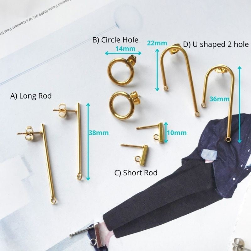 Earrings bar rod design with hook 1 pair - Stainless steel
