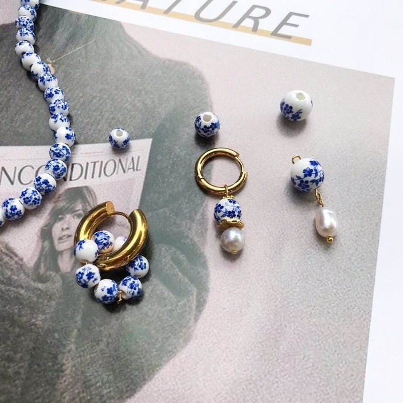 Porcelain beads blue flower beads 1 pc
