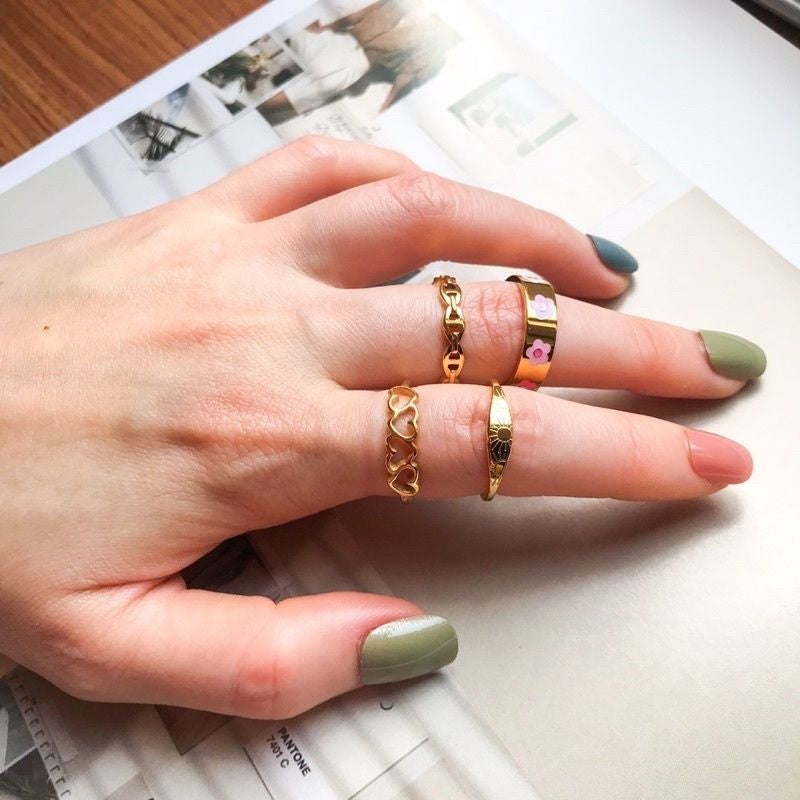 Love/ Engraved Sun/ Bean Link/ Graphic Flower ring 1pcs - Stainless Steel