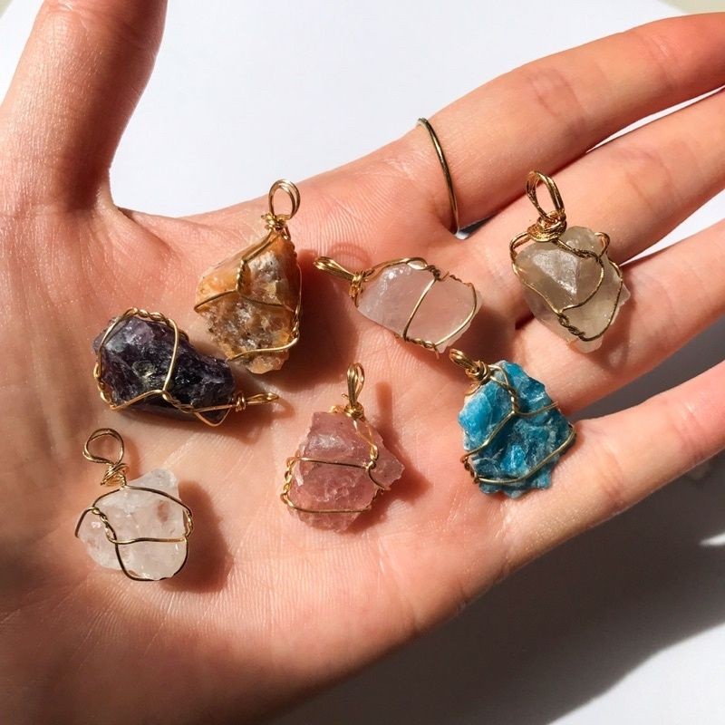 Natural Raw Stone Pendant In Copper Wire Crystal Quartz 1 Pc