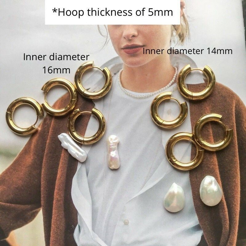 Type B Thick huggies earrings hoop 1 pair/ Stainless steel with PVD coating/ 18k