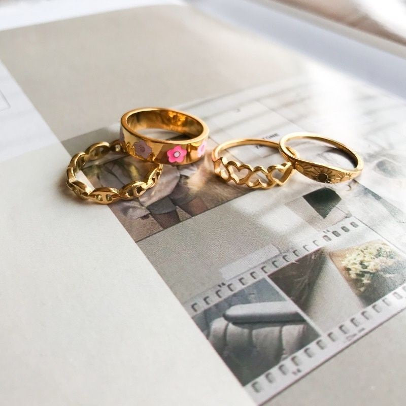 Love/ Engraved Sun/ Bean Link/ Graphic Flower ring 1pcs - Stainless Steel