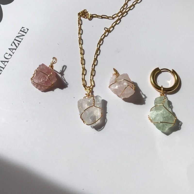 Natural Raw Stone Pendant In Copper Wire Crystal Quartz 1 Pc