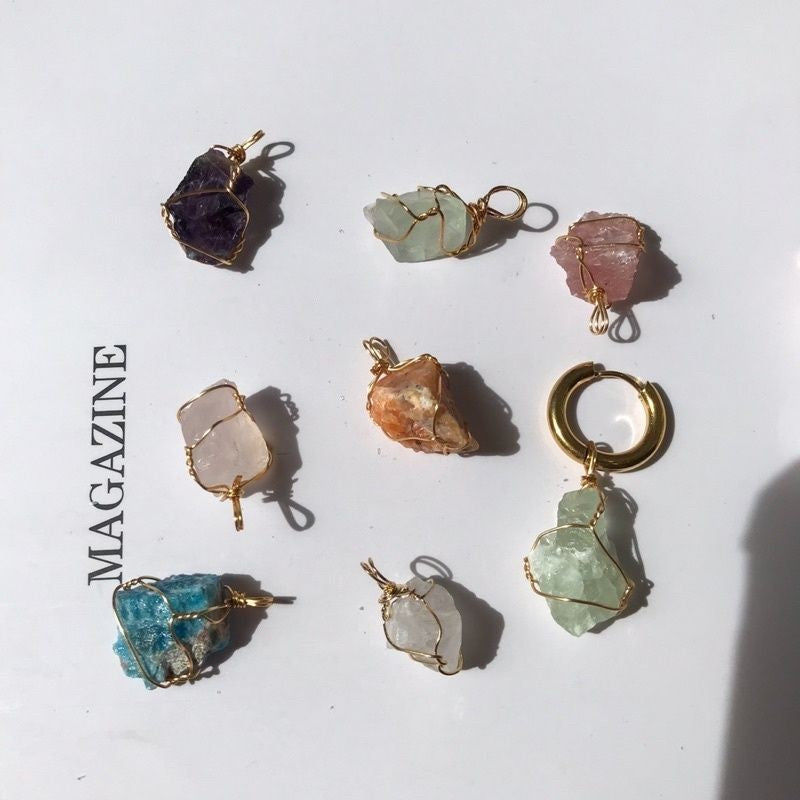 Natural Raw Stone Pendant In Copper Wire Crystal Quartz 1 Pc