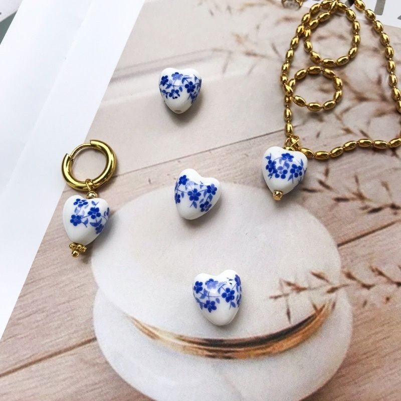 Porcelain beads blue flower beads 1 pc