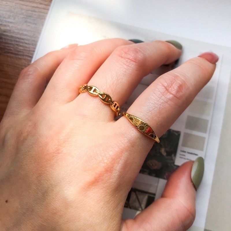 Love/ Engraved Sun/ Bean Link/ Graphic Flower ring 1pcs - Stainless Steel