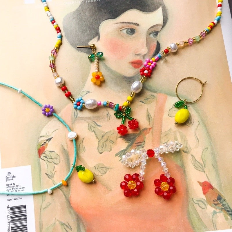Fruit pendant Ribbon made with beads/ DIY cherry lemon flower jewellery pendant accessories beads Jewelry handicraft