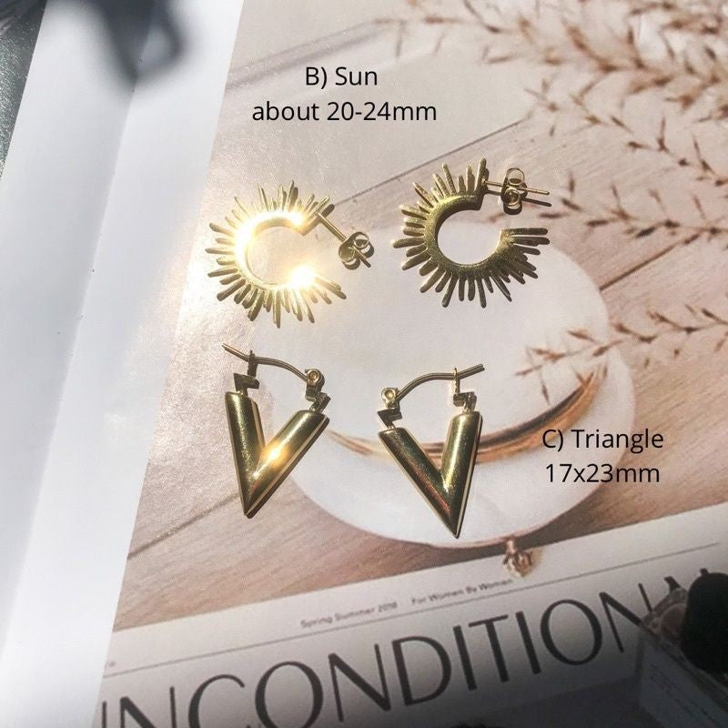 Big U/Sun/Triangle/ Flat Square/Elongated Huggies Earrings 1 pair - Stainless Steel