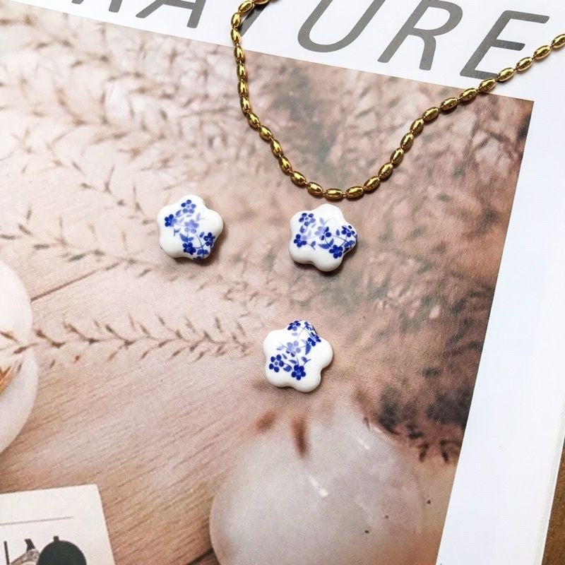 Porcelain beads blue flower beads 1 pc