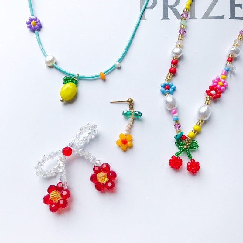 Fruit pendant Ribbon made with beads/ DIY cherry lemon flower jewellery pendant accessories beads Jewelry handicraft