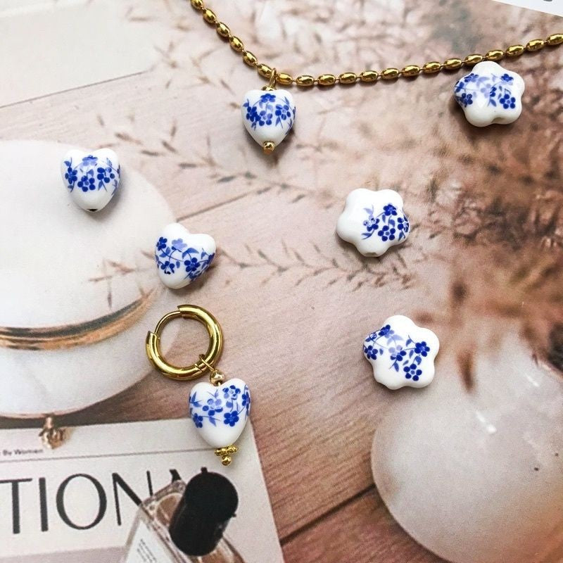 Porcelain beads blue flower beads 1 pc