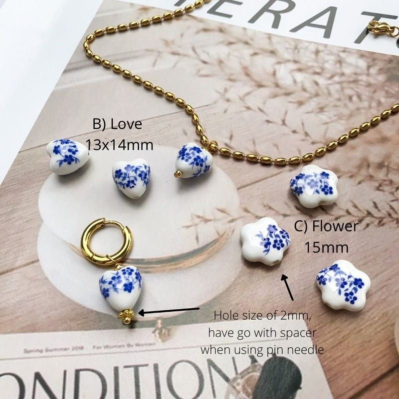 Porcelain beads blue flower beads 1 pc