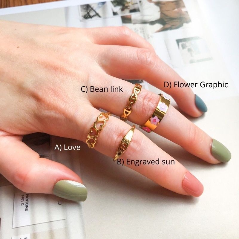Love/ Engraved Sun/ Bean Link/ Graphic Flower ring 1pcs - Stainless Steel