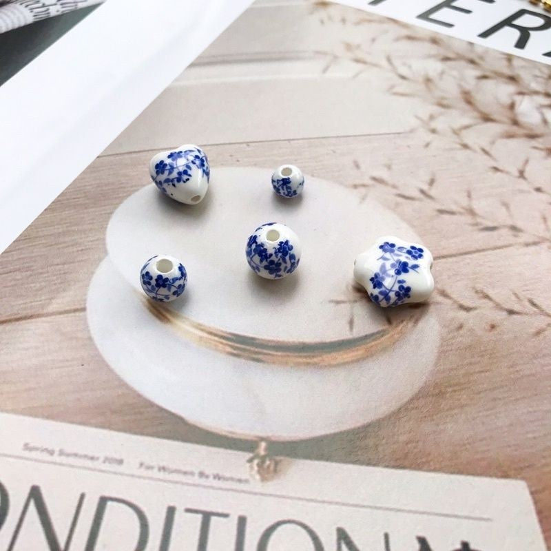 Porcelain beads blue flower beads 1 pc