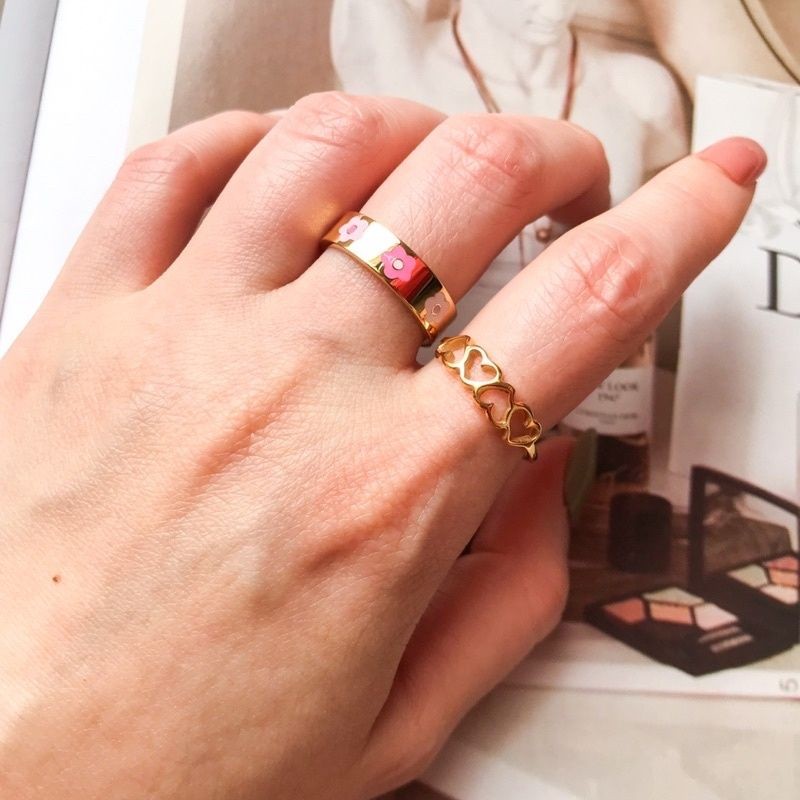 Love/ Engraved Sun/ Bean Link/ Graphic Flower ring 1pcs - Stainless Steel