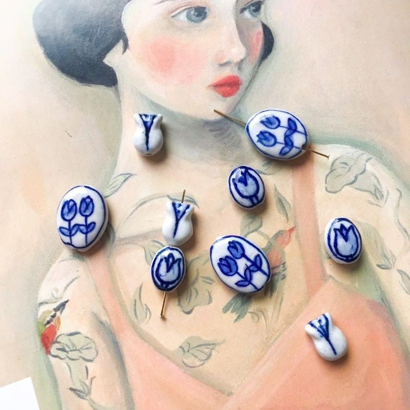Porcelain beads pendant 1pc Flower porcelain blue tulip for diy jewellery