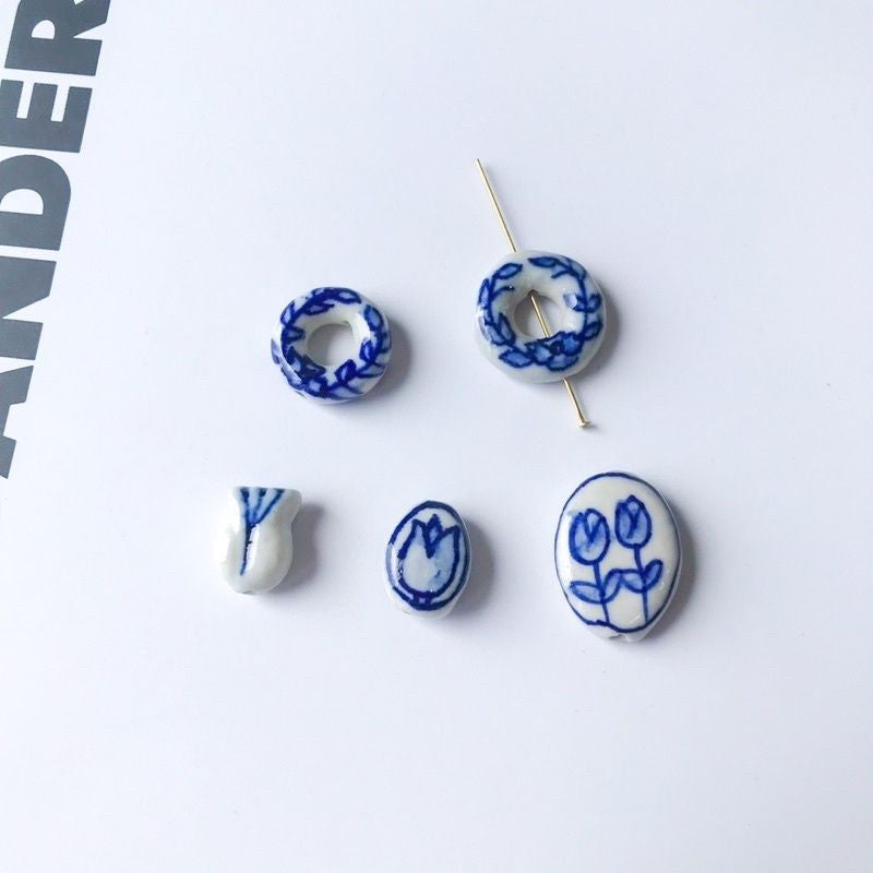 Porcelain beads pendant 1pc Flower porcelain blue tulip for diy jewellery