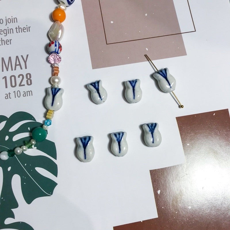 Porcelain beads pendant 1pc Flower porcelain blue tulip for diy jewellery