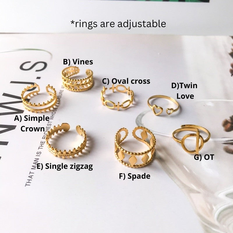 Gold stainless steel adjustable rings 1 pc/ tarnish resistant jewellery