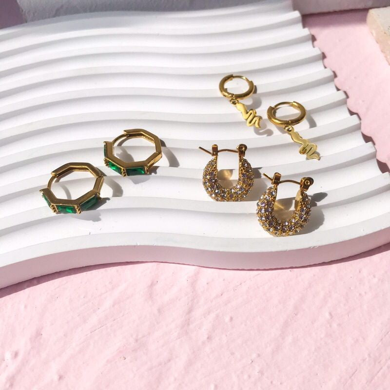 Stainless steel huggies with zirconia/ emerald stone/ pearl earrings/ gold heart shaped