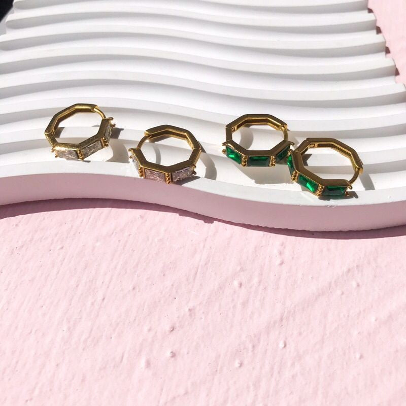 Stainless steel huggies with zirconia/ emerald stone/ pearl earrings/ gold heart shaped