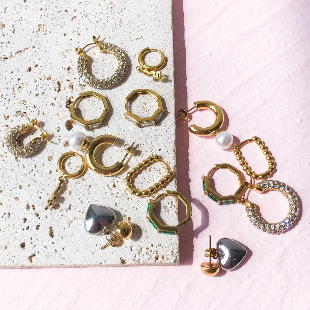 Stainless steel huggies with zirconia/ emerald stone/ pearl earrings/ gold heart shaped