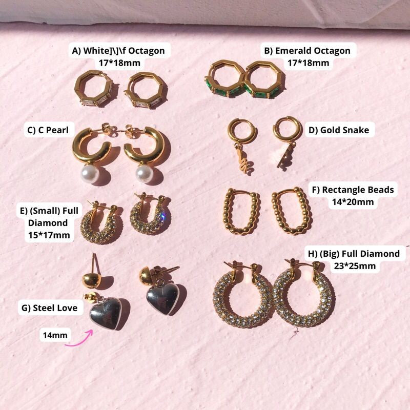 Stainless steel huggies with zirconia/ emerald stone/ pearl earrings/ gold heart shaped