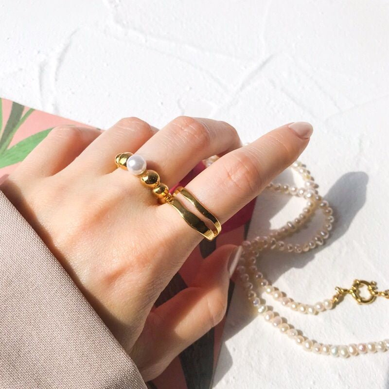 Stainless steel ring 1pc - Emerald gold ring pearl