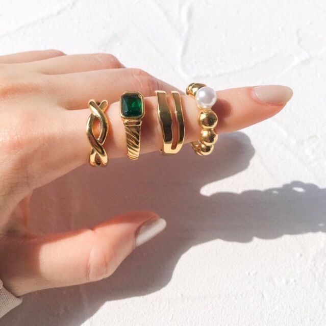 Stainless steel ring 1pc - Emerald gold ring pearl