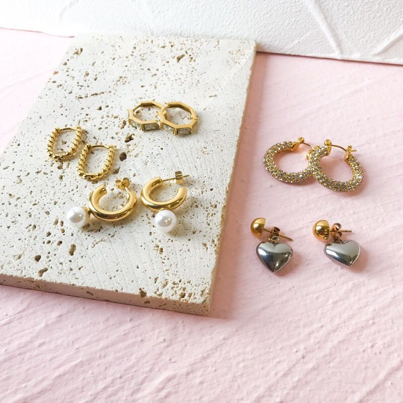 Stainless steel huggies with zirconia/ emerald stone/ pearl earrings/ gold heart shaped