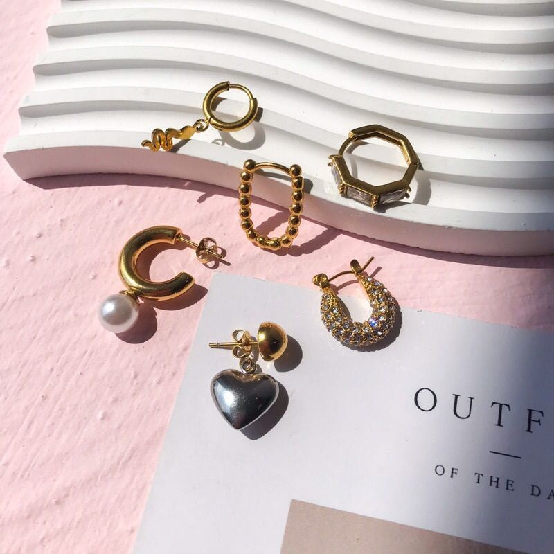 Stainless steel huggies with zirconia/ emerald stone/ pearl earrings/ gold heart shaped