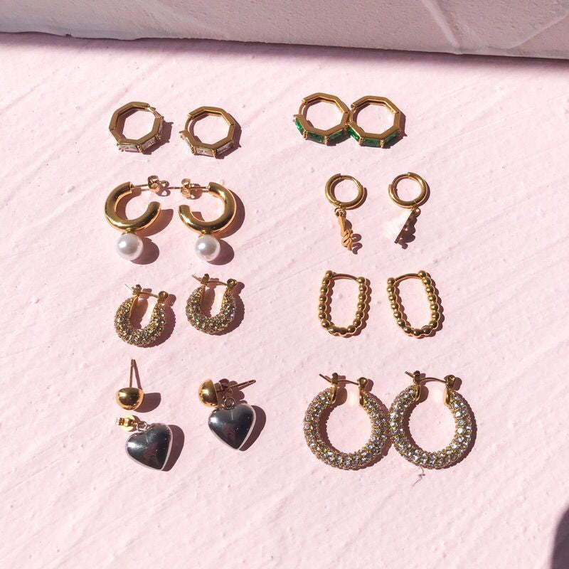 Stainless steel huggies with zirconia/ emerald stone/ pearl earrings/ gold heart shaped
